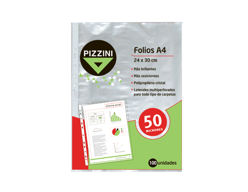 FOLIO PIZZINI EXTRA CRISTAL A4 PP 50MIC X 100U. DESPLEGADOS. (50FAX100)