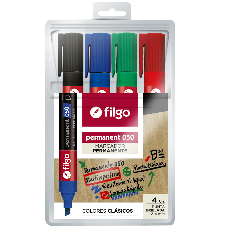 MARCADOR FILGO PERMANENTE 050 PUNTA BISELADA X 4U. N-R-A-V (PM050-E4-CLA)