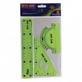SET DE REGLAS FLEXIBLE UTIL UNO 3 PIEZAS, REGLA, ESCUADRA, Y TRANSPORTADOR.